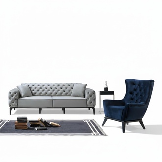 Chesterfield Gray-Blue Sofa Set Modern 3-Seater Luxury Single Seat