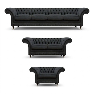Chesterfield gray upholstered furniture living room seating armchairs sofas