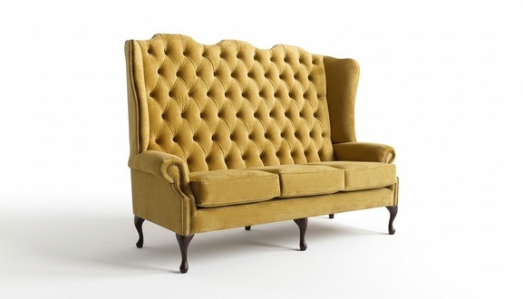 Chesterfield Sofa 3-Seater Tall Backrest Yellow Textile Upholstered Bench Type Couch New