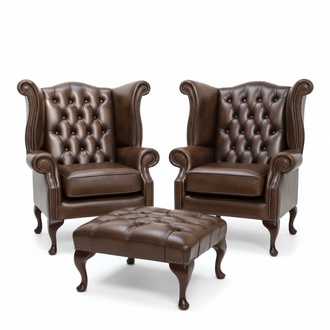 Chesterfield leather lounge chair set wing chair x 2 + stool set leather