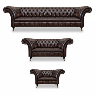 Chesterfield Leather Brown Living Room Upholstered Furniture Sofas Set Luxury Furnishings