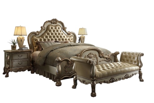 Rococo style chesterfield design bedroom set of double bed, 2x-bedside tables & bedside bench