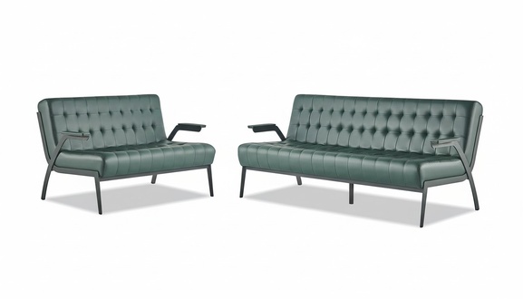 Chesterfield Leather Set 3-Seater 2-Seater Green Leather Sofas Modern Wood