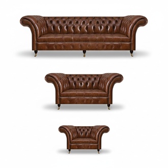 Chesterfield Leather Sofas Brown Complete Sofa Set Luxury Seating Furniture 3-piece
