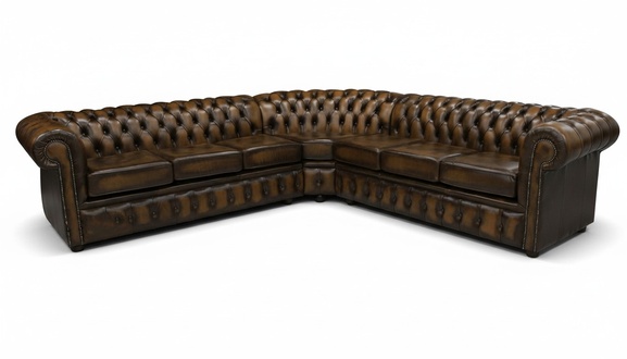 Chesterfield Leather Corner Sofa Brown Classic Living Room Couch Comfortable Cushions New