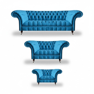 Chesterfield Light Blue Designer Upholstery Elegant 3-Seater Sofa 2-Seater 3-Piece Set