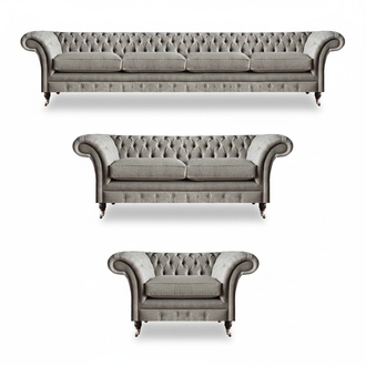 Chesterfield Light Grey Fabric Sofas Set Living Room Upholstery Furniture