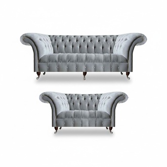 Chesterfield Light Gray Upholstered Set Designer 2x Fabric Sofas 2-piece