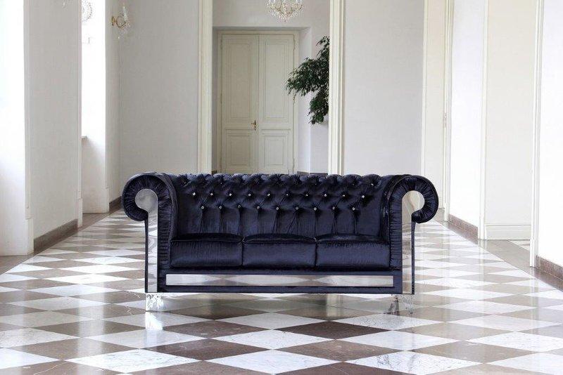 Chesterfield Sofa 3-Seater Blue Leather / Textile Unique Design Living Room Comfortable Couch New