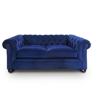 Chesterfield Complete Sofa Set 2+1 Seaters Blue Textile Upholstered New With Soft Cushions