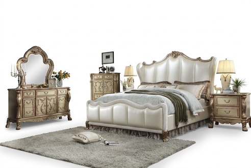 Bedroom set of massive marriage leather double bed & 2x-bedside tables made of real wooden frame