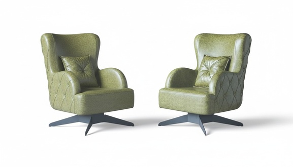 Chesterfield Set Armchair Green Upholstery Classic Stainless Steel Feet Leather Cushion