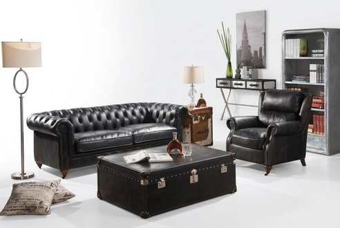 Chesterfield sofa 3 seater with armchair black vintage leather furniture style 2 pieces. New