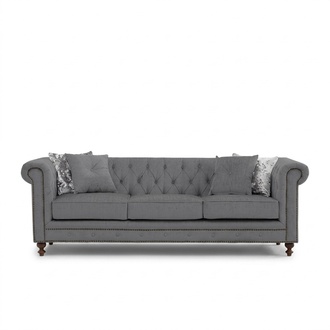 Chesterfield Sofa Grey 3-Seater Upholstered Faux Leather Living Room Couch With Cushion Pads