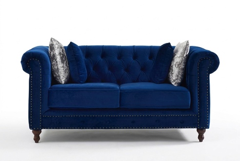 Chesterfield 2-Seater Classic Sofa Blue Upholstered Textile New Comfy Couch With Padded Seats