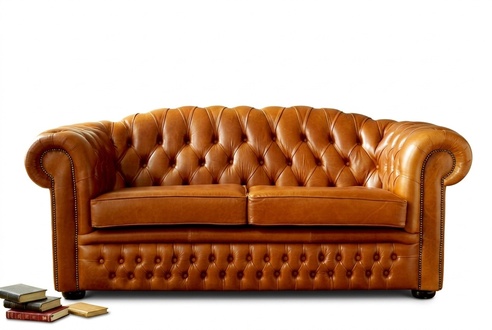 Chesterfield sofa 3-seater couch upholstery fabric faux leather brown orange with cushions