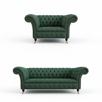 Chesterfield 2-piece Sofa Set 3+1 Seaters Green Textile Fabric Upholstered Tall Armrests with Casters New