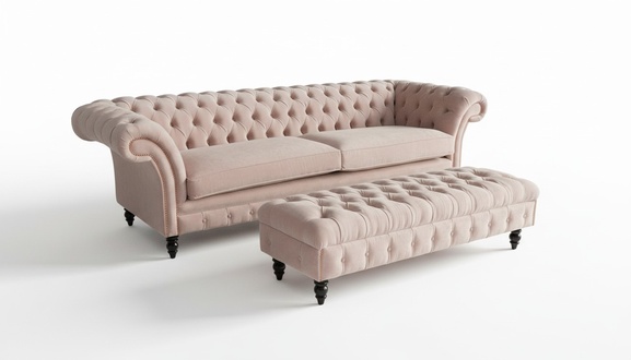 Chesterfield 2-Piece Sofa Set 4-Seater + Stool Bench Light Pink Comfortable with Pads New