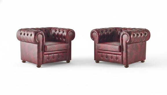 Chesterfield Soft Chair Set Bordeaux Solid Color Classic with Buttons Leather