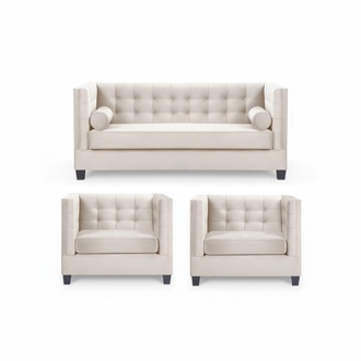 Chesterfield Set Group Armchairs Beige Fabric Couches Furniture Sofa Set New