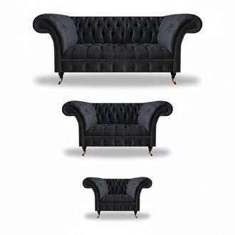 Chesterfield Textile Upholstered Black Couch Living Room 3-Piece Set