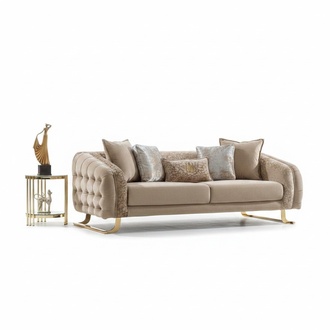 Chesterfield three-seater sofa, fabric sofa, upholstered sofa, beige, new.