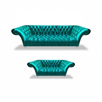 Chesterfield Upholstered Furniture 2x Sofas Blue Seating Furniture Living Room Set