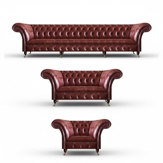 Chesterfield Upholstered Furniture Brown Complete Sofa Set 3-piece Living Room