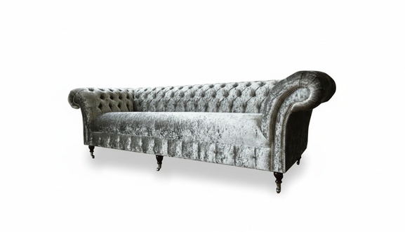 Chesterfield Cushion Couch Fabric Sofa Seat Set Velvet Silver 4 Seat