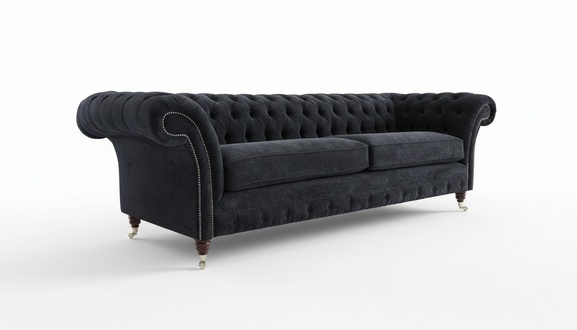 Chesterfield Sofa 4-Seater on Casters Black Textile Upholstered Couch Comfortable with Cushions