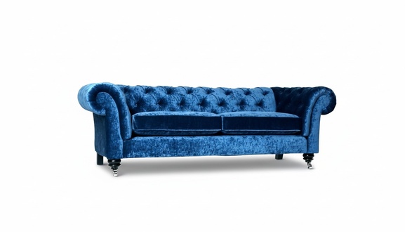 Chesterfield Premium Sofa 3-Seater Blue Velvet Upholstered Soft Cushions Comfortable New
