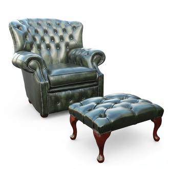 Chesterfield wing chair 1 seater + stool designer leather sofa couches new green