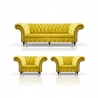 Chesterfield Yellow Sofa Set 3 Pieces Textile Fabric Upholstered Furniture Armchair New Furniture