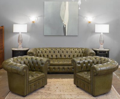 Chesterfield Sofa Set 3+1+1 Seaters Green Faux Leather Upholstered Living Room Comfortable Couches New