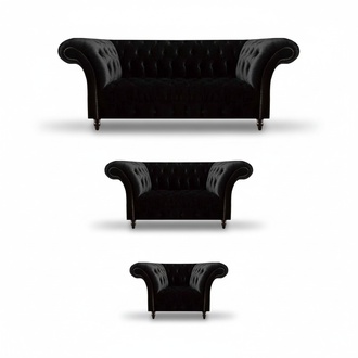 Send black upholstered Chesterfield sofa set, 3-seater armchair.