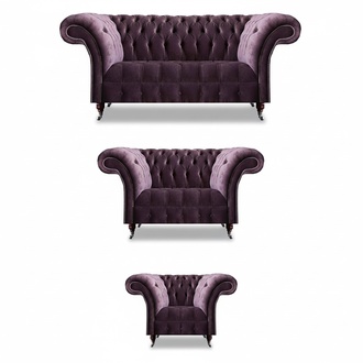 Send Chesterfield purple sofa set seating group 3-seater 2-seater armchair.