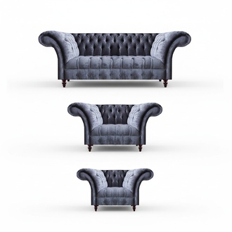Send gray upholstered Chesterfield sofas, textile furniture for living room decor.