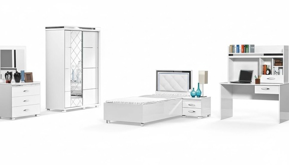 Children\'s furniture bed nightstand wardrobe 5-piece white single bed tables