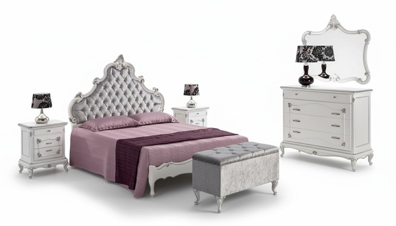 Classic Furniture 6 piece Bedroom Set Bed 2x Bedside Tables Stool Chest of Drawers Mirror