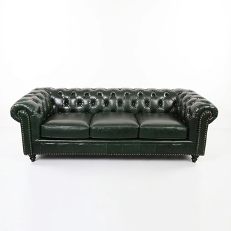 Premium Chesterfield Sofa Classic 3-Seater Green Faux Leather Glossy Cover With Cushions