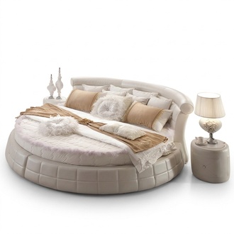 Modern style premium faux leather upholstered massive round double bed for marriage couple made of real wooden frame