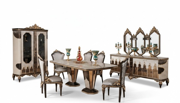 Classic white-gold dining room set dining table 6x chairs sideboard