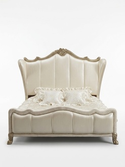 Baroque style made of real wooden double bed with high leather backrest