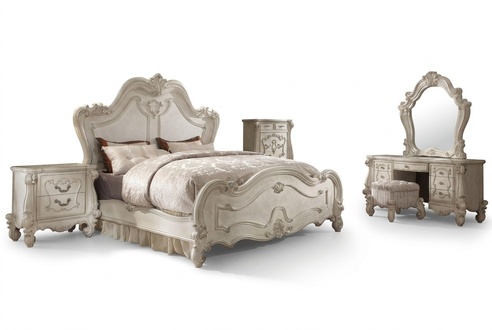 Rococo style classic bedroom set of double bed & 2x-bedside tables made of real wooden frame