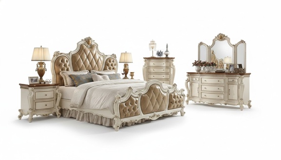 Bedroom set of chesterfield design double bed & 2x-bedside table in baroque style