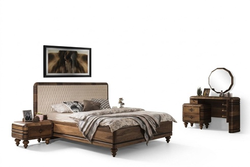 Classic bedroom set Luxury brown bed Bedside tables Dressing table