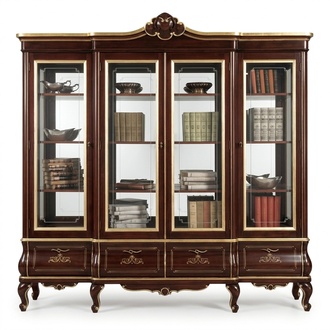 Classic Brown Bookcase Drawers Glass Doors Solid Wood Furniture