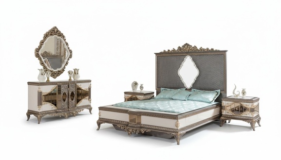 Classic Gray Bedroom Luxury Set Double Bed 2x Nightstands