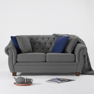 Classic Chesterfield Textile Sofa 2-Seater With Cushions Real Wood Frame Dark Grey Loveseat