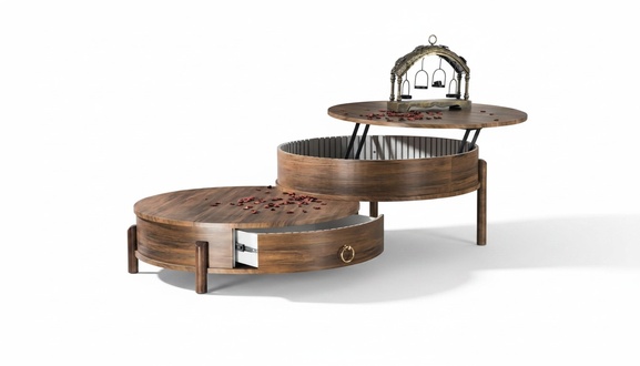Coffee table set with drawers round wood brown original